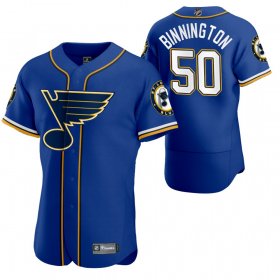 Wholesale Cheap St. Louis Blues #50 Jordan Binnington Men\'s 2020 NHL x MLB Crossover Edition Baseball Jersey Blue