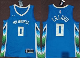 Men\'s Milwaukee Bucks #0 Damian Lillard Blue 2022-23 City Edition Stitched Basketball Jersey