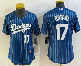 Cheap Women\'s Los Angeles Dodgers #17 Shohei Ohtani Number Blue Pinstripe Cool Base Stitched Baseball Jersey