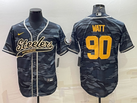 Wholesale Cheap Men\'s Pittsburgh Steelers #90 TJ Watt Grey Navy Camo With Patch Cool Base Stitched Baseball Jersey