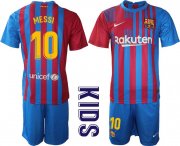 Wholesale Cheap Youth 2021-2022 Club Barcelona home blue 10 Nike Soccer Jerseys