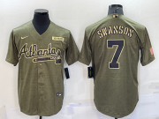 Wholesale Cheap Men's Atlanta Braves #7 Dansby Swanson 2021 Olive Salute To Service Limited Stitched Jersey