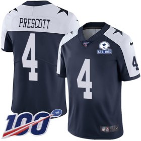 Wholesale Cheap Nike Cowboys #4 Dak Prescott Navy Blue Thanksgiving Men\'s Stitched With Established In 1960 Patch NFL 100th Season Vapor Untouchable Limited Throwback Jersey