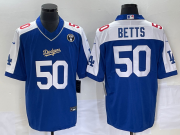 Wholesale Cheap Men's Los Angeles Dodgers #50 Mookie Betts Blue Vin Scully Patch Stitched Jersey