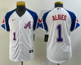 Wholesale Cheap Youth Atlanta Braves #1 Ozzie Albies Number White 2023 City Connect Cool Base Stitched Jersey1