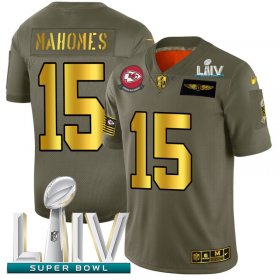Wholesale Cheap Kansas City Chiefs #15 Patrick Mahomes NFL Men\'s Nike Olive Gold Super Bowl LIV 2020 2019 Salute to Service Limited Jersey
