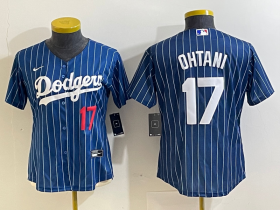Cheap Women\'s Los Angeles Dodgers #17 Shohei Ohtani Number Red Navy Blue Pinstripe Stitched Cool Base Nike Jerseys