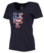 Wholesale Cheap Women's New York Mets USA Flag Fashion T-Shirt Navy Blue