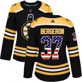Wholesale Cheap Adidas Bruins #37 Patrice Bergeron Black Home Authentic USA Flag Women\'s Stitched NHL Jersey