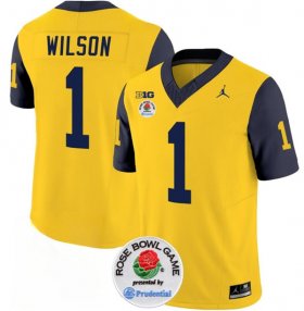 Cheap Men\'s Michigan Wolverines #1 Roman Wilson 2023 F.U.S.E. Yellow Navy Rose Bowl Patch Stitched Jersey
