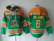 Wholesale Cheap Ducks #8 Teemu Selanne Green Sawyer Hooded Sweatshirt Stitched NHL Jersey