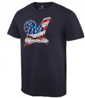 Wholesale Cheap Men\'s Milwaukee Brewers USA Flag Fashion T-Shirt Navy Blue