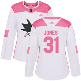 Wholesale Cheap Adidas Sharks #31 Martin Jones White/Pink Authentic Fashion Women\'s Stitched NHL Jersey