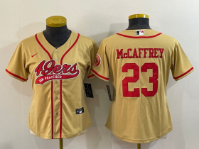Wholesale Cheap Women\'s San Francisco 49ers #23 Christian McCaffrey Gold With Patch Cool Base Stitched Baseball Jersey
