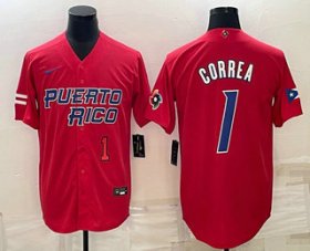 Cheap Men\'s Puerto Rico Baseball #1 Carlos Correa Number 2023 Red World Baseball Classic Stitched Jersey