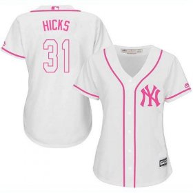 Wholesale Cheap Yankees #31 Aaron Hicks White/Pink Fashion Women\'s Stitched MLB Jersey
