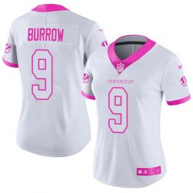 Wholesale Cheap Nike Bengals #9 Joe Burrow White/Pink Women\'s Stitched NFL Limited Rush Fashion Jersey