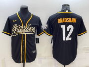 Wholesale Cheap Men's Pittsburgh Steelers #12 Terry Bradshaw Black With Patch Cool Base Stitched Baseball Jersey