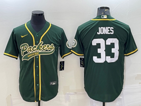 Wholesale Cheap Men\'s Green Bay Packers #33 Aaron Jones Green With Patch Cool Base Stitched Baseball Jersey