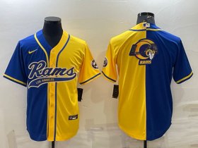 Wholesale Cheap Men\'s Los Angeles Rams Royal Yellow Split Team Big Logo With Patch Cool Base Stitched Baseball Jersey