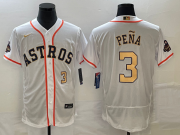 Wholesale Cheap Men's Houston Astros #3 Jeremy Pena Number 2023 White Gold World Serise Champions Patch Flex Base Stitched Jersey1