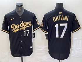Cheap Men\'s Los Angeles Dodgers #17 Shohei Ohtani Number Black Gold Fashion Stitched Cool Base Limited Jersey