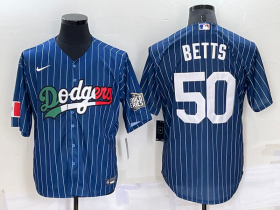 Wholesale Cheap Men\'s Los Angeles Dodgers #50 Mookie Betts Navy Blue Pinstripe 2020 World Series Cool Base Nike Jersey