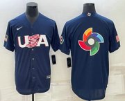 Cheap Men's USA Baseball Blank 2023 Navy World Baseball Big Logo Classic Stitched Jerseys