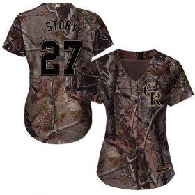 Wholesale Cheap Rockies #27 Trevor Story Camo Realtree Collection Cool Base Women\'s Stitched MLB Jersey