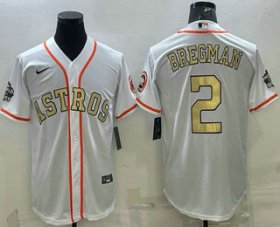 Wholesale Cheap Men\'s Houston Astros #2 Alex Bregman White Gold 2022 World Series Champions Stitched Cool Base Nike Jersey