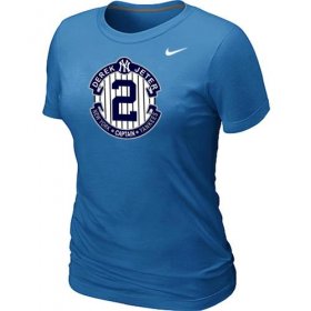 Wholesale Cheap Women\'s Nike New York Yankees #2 Derek Jeter Official Final Season Commemorative Logo Blended T-Shirt Light Blue