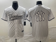 Cheap Men's New York Yankees Big Logo White Pinstripe Cool Base Stitched Baseball Jersey