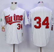 Wholesale Cheap Mitchell And Ness 1991 Twins #34 Kirby Puckett White(Blue Strip) Throwback Stitched MLB Jersey