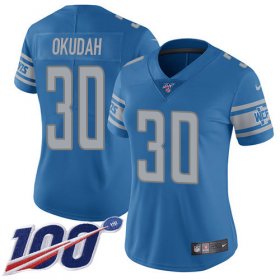 Wholesale Cheap Nike Lions #30 Jeff Okudah Blue Team Color Women\'s Stitched NFL 100th Season Vapor Untouchable Limited Jersey