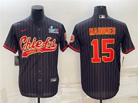 Wholesale Cheap Men\'s Kansas City Chiefs #15 Patrick Mahomes Black With Super Bowl LVII Patch Cool Base Stitched Baseball Jersey
