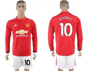 Wholesale Cheap Manchester United #10 Rooney Red Home Long Sleeves Soccer Club Jersey