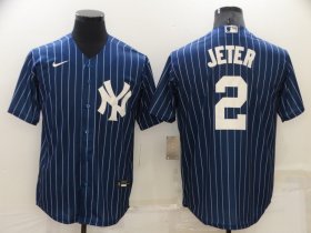 Wholesale Cheap Men\'s New York Yankees #2 Derek Jeter Navy Blue Pinstripe Stitched MLB Cool Base Nike Jersey