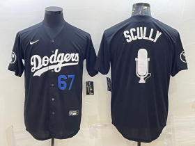 Wholesale Cheap Men\'s Los Angeles Dodgers #67 Vin Scully Black Blue Big Logo With Vin Scully Patch Stitched Jersey