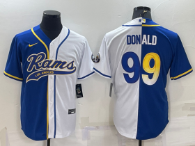 Wholesale Cheap Men\'s Los Angeles Rams #99 Aaron Donald Royal White Split With Patch Cool Base Stitched Baseball Jersey