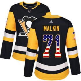 Wholesale Cheap Adidas Penguins #71 Evgeni Malkin Black Home Authentic USA Flag Women\'s Stitched NHL Jersey