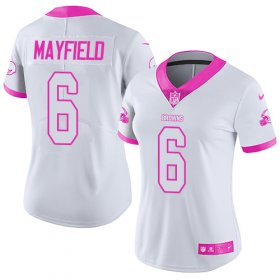 Wholesale Cheap Nike Browns #6 Baker Mayfield White/Pink Women\'s Stitched NFL Limited Rush Fashion Jersey
