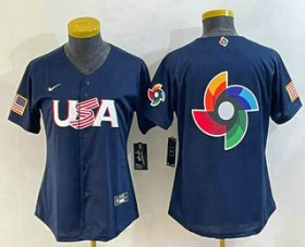 Cheap Women\'s USA Baseball 2023 Navy Big Logo With Patch World Classic Stitched Jerseys