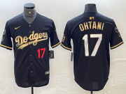 Cheap Mens Los Angeles Dodgers #17 Shohei Ohtani Number Black Gold Stitched Cool Base Nike Jersey