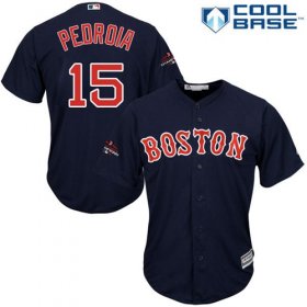 Wholesale Cheap Red Sox #15 Dustin Pedroia Navy Blue New Cool Base 2018 World Series Stitched MLB Jersey