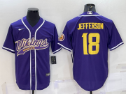 Wholesale Cheap Men's Minnesota Vikings #18 Justin Jefferson Purple Yellow With Patch Cool Base Stitched Baseball Jersey