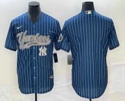 Cheap Men's New York Yankees Big Logo Navy Blue Pinstripe Cool Base Stitched Baseball Jerseys