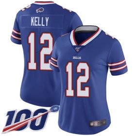 Wholesale Cheap Nike Bills #12 Jim Kelly Royal Blue Team Color Women\'s Stitched NFL 100th Season Vapor Limited Jersey