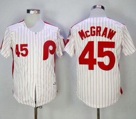 Wholesale Cheap Mitchell and Ness 1983 Phillies #45 Tug Mcgraw White Red Strip Stitched Throwback MLB Jersey