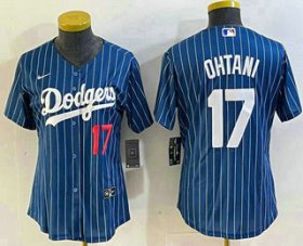 Cheap Women\'s Los Angeles Dodgers #17 Shohei Ohtani Number Blue Pinstripe Cool Base Stitched Baseball Jersey1