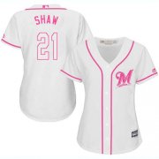 Wholesale Cheap Brewers #21 Travis Shaw White/Pink Fashion Women's Stitched MLB Jersey